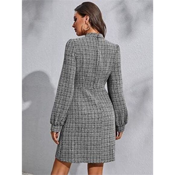 Black And White Tweed Retro Vintage Style Dress With Lantern Sleeves NWT Large - Picture 2 of 10